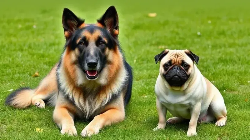 Um cão idoso de porte grande e um de porte pequeno lado a lado, ilustrando a importância de escolher a ração sênior conforme a raça e o tamanho.