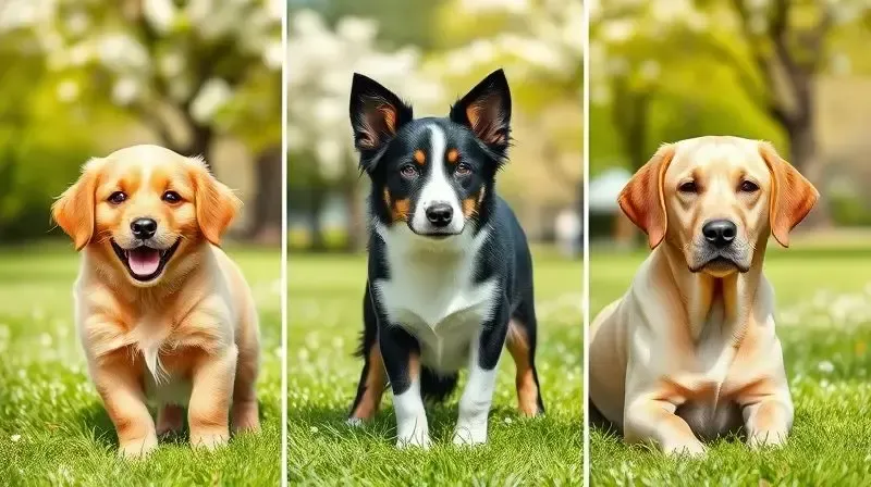 Três cães representando diferentes fases da vida: um filhote, um adulto e um sênior, para ilustrar a escolha da ração por idade.