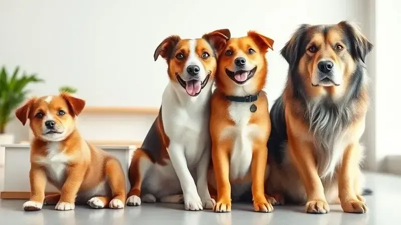 Três cães de diferentes idades e portes, um filhote, um adulto e um sênior, ilustrando a escolha da ração correta.