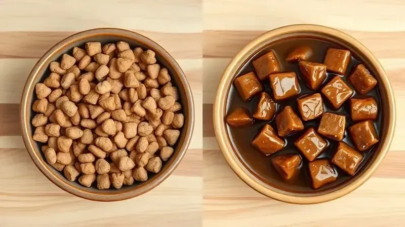 Comparativo visual entre ração seca e ração úmida em duas tigelas, mostrando a diferença de textura e umidade.