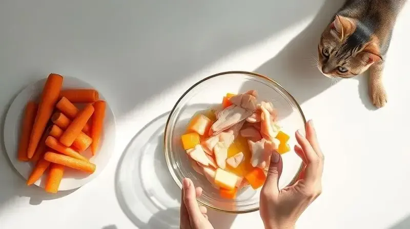 Preparação de uma receita caseira de ração úmida para gatos, com ingredientes frescos como frango e cenoura em uma cozinha limpa.