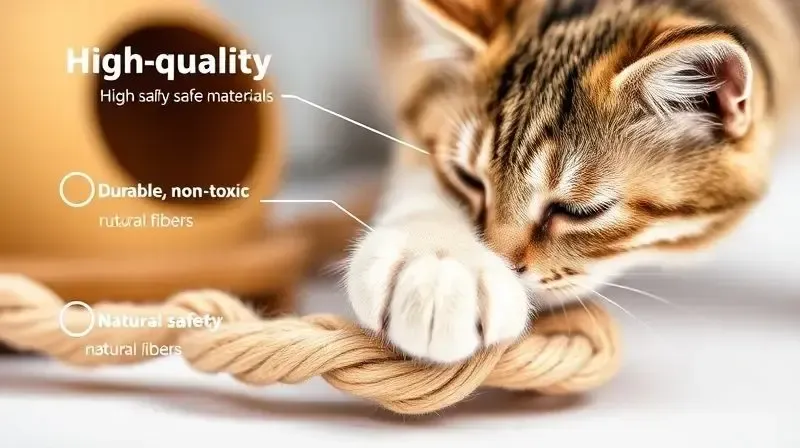 Close-up de um brinquedo para gato feito com material seguro e durável, com a pata de um gato tocando suavemente, enfatizando a segurança do produto.