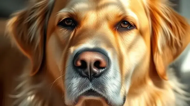 Close de um cão sênior com pelos grisalhos no focinho, representando a fase idosa e a necessidade de cuidados especiais com a alimentação.