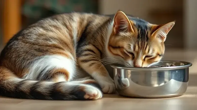 Gato apático perto da sua tigela de comida cheia, mostrando uma situação em que o uso de probióticos é indicado, como a falta de apetite.