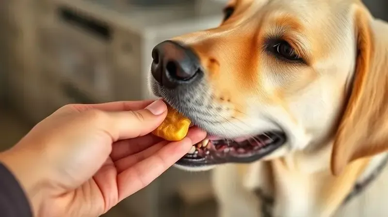 Tutor dando um petisco saudável e natural para seu cão Labrador como forma de recompensa ou guloseima.