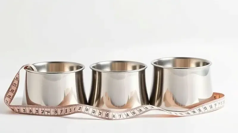 Três comedouros de tamanhos diferentes, pequeno, médio e grande, com uma fita métrica para ilustrar a escolha do tamanho e capacidade ideal.