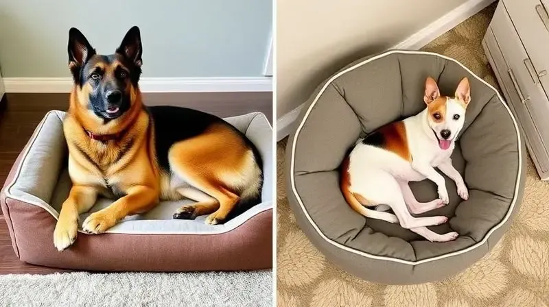 Comparativo visual mostrando um cachorro grande e um pequeno em caminhas de tamanhos apropriados para seus portes.