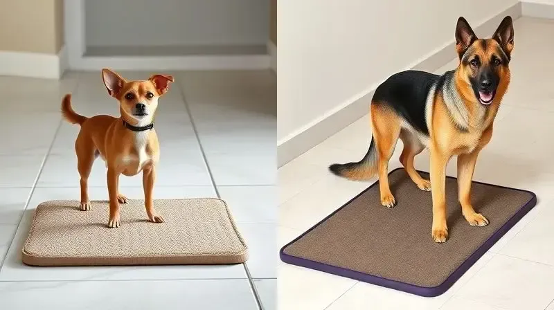 Comparativo mostrando um cão pequeno em um tapete pequeno e um cão grande em um tapete grande, ilustrando a importância do tamanho correto.
