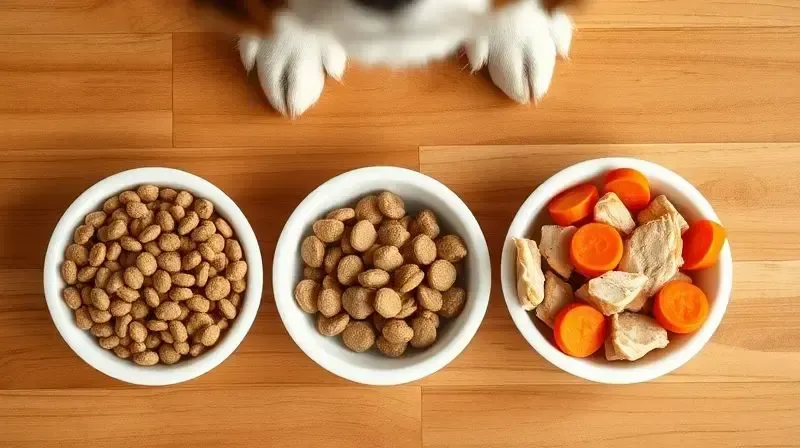 Três tipos de alimentação para um Cocker Spaniel: ração seca, comida úmida e alimentação natural dispostas em tigelas.