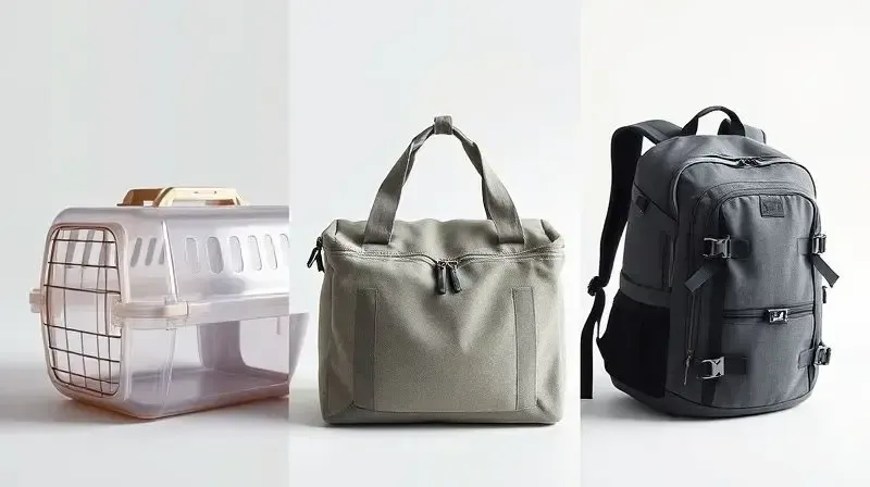 Comparativo visual entre os três tipos de caixa de transporte para gatos: caixa rígida, bolsa flexível e mochila para transporte de felinos.