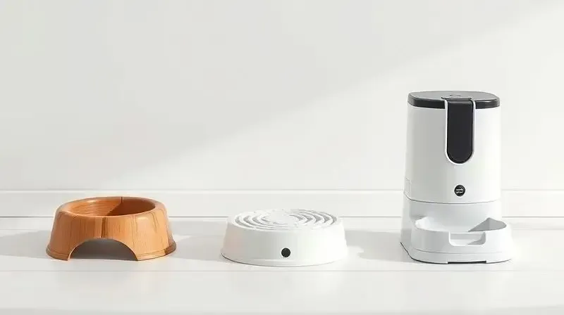 Três tipos de comedouros para cachorro lado a lado: um elevado, um comedouro lento e um automático, para análise comparativa.