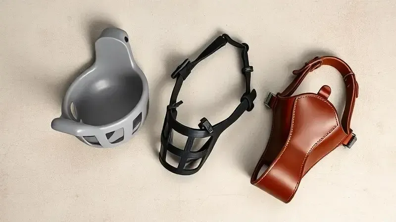 Vários tipos de focinheiras para cachorro, incluindo cesta, nylon e couro, organizados sobre uma superfície neutra para comparação.