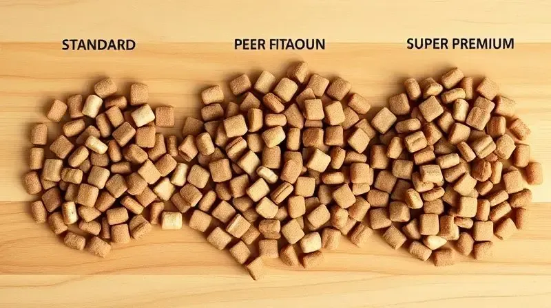 Comparativo visual entre ração Standard, Premium e Super Premium, mostrando a diferença na qualidade e aparência dos grãos de cada tipo.