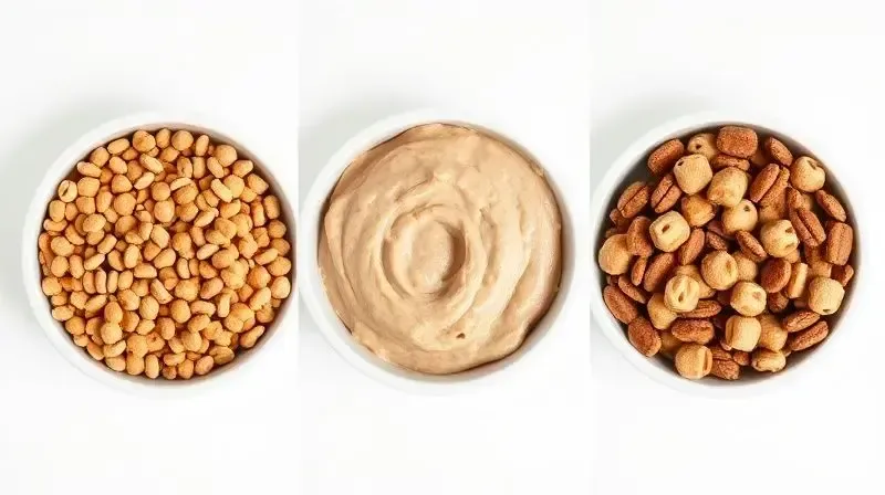Três potes de comida para cães lado a lado, mostrando os diferentes tipos de ração natural: seca (grãos), úmida (patê) e uma mistura das duas.