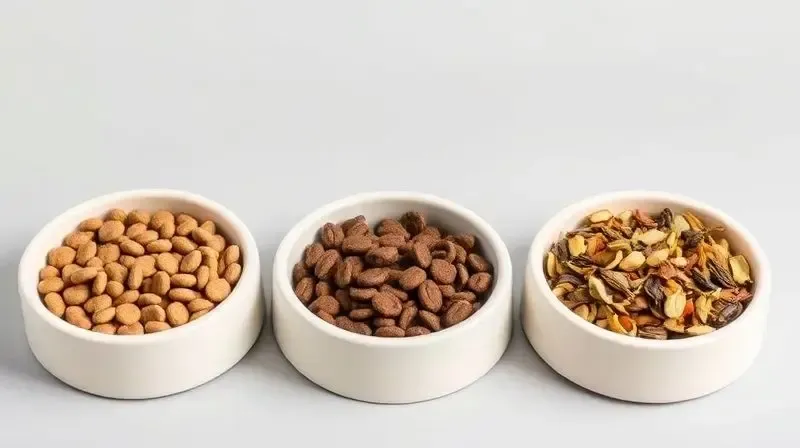 Três tigelas de comida para cães, ilustrando os diferentes tipos de ração: premium, super premium e natural, para ajudar na escolha da melhor opção.