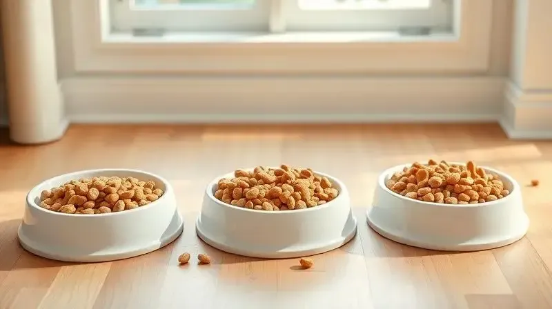 Três tigelas de ração lado a lado, mostrando as diferenças entre os tipos de ração para cães: Premium, Super Premium e Natural.