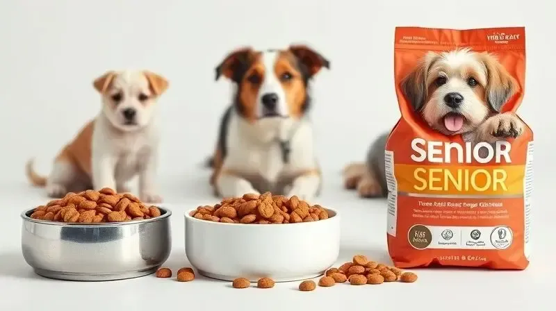 Três tigelas com rações diferentes para cada fase da vida de um cão vira-lata: filhote, adulto e sênior.