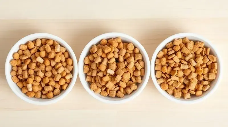 Três tigelas brancas lado a lado com diferentes tipos de ração para cães, mostrando as variedades premium, super premium e natural.