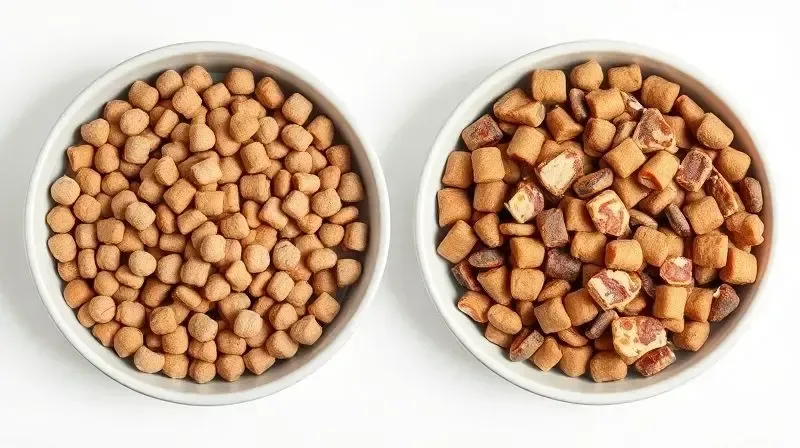 Comparativo visual entre uma tigela de ração Premium e uma de ração Super Premium, destacando a diferença de qualidade dos ingredientes.