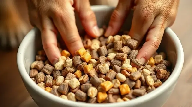 Mãos de uma pessoa misturando dois tipos de ração em uma tigela, demonstrando como fazer a transição alimentar para a ração Gran Plus.