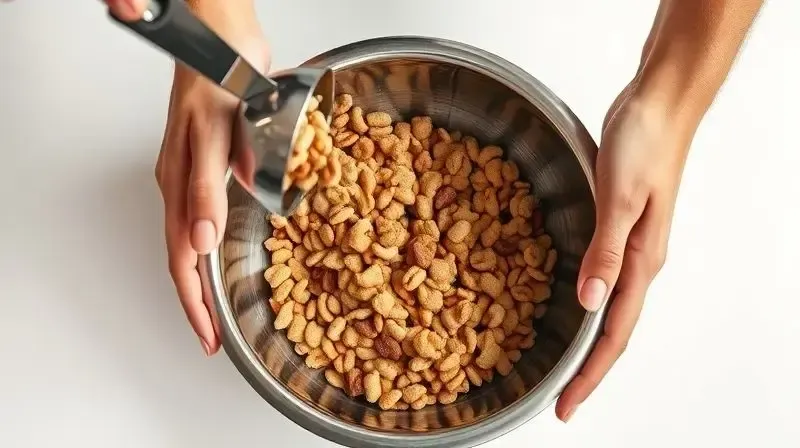 Mãos de uma pessoa misturando dois tipos de ração em uma tigela para demonstrar como fazer a transição alimentar correta para um filhote.