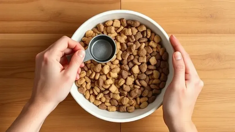 Mãos misturando cuidadosamente dois tipos de ração em uma tigela, demonstrando o processo de transição alimentar para cães.