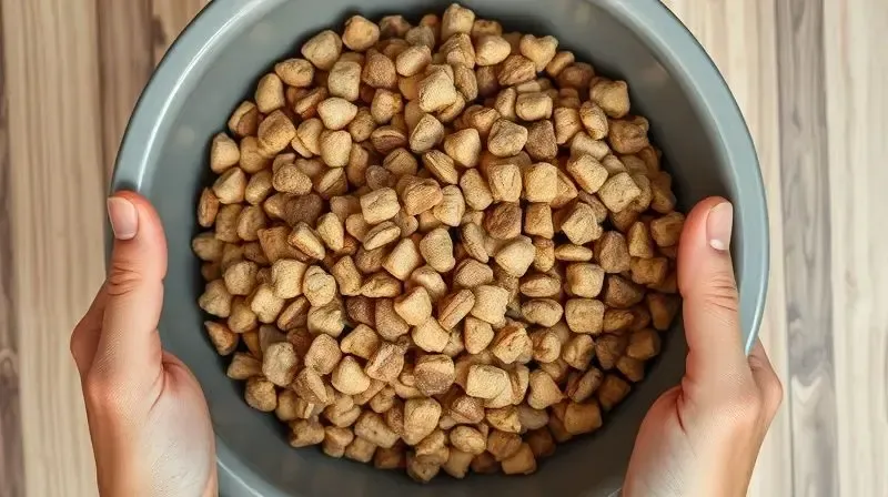 Mãos misturando uma pequena quantidade de ração nova com a antiga em uma tigela para fazer a transição alimentar do cão.
