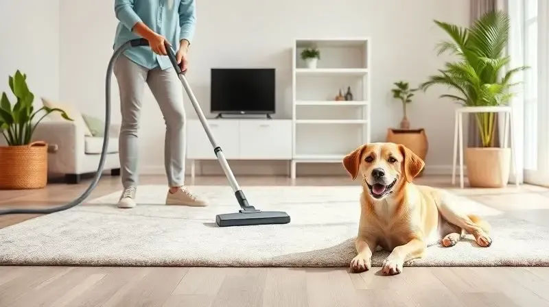 Pessoa aspirando o tapete de uma sala limpa para prevenir carrapatos no ambiente, com um cão descansando perto.