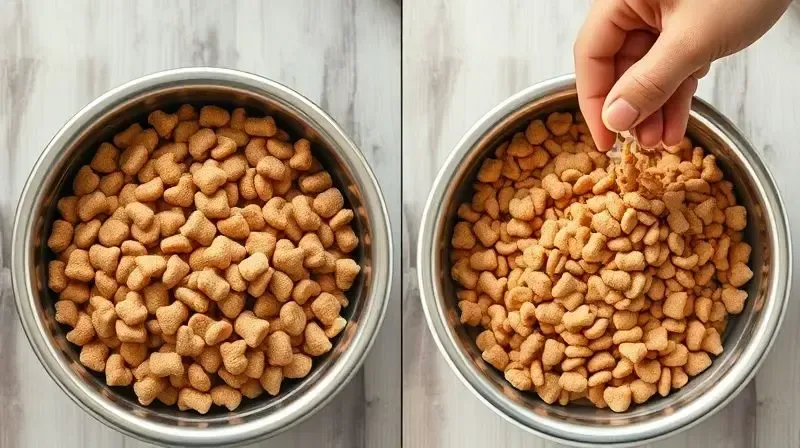Duas tigelas de ração demonstrando a transição gradual da ração antiga para a nova para um cachorro Yorkshire.
