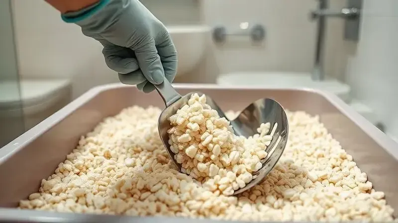 Pessoa limpando uma caixa de areia com uma pá, removendo os torrões para manter a higiene, representando a frequência correta de troca da areia.