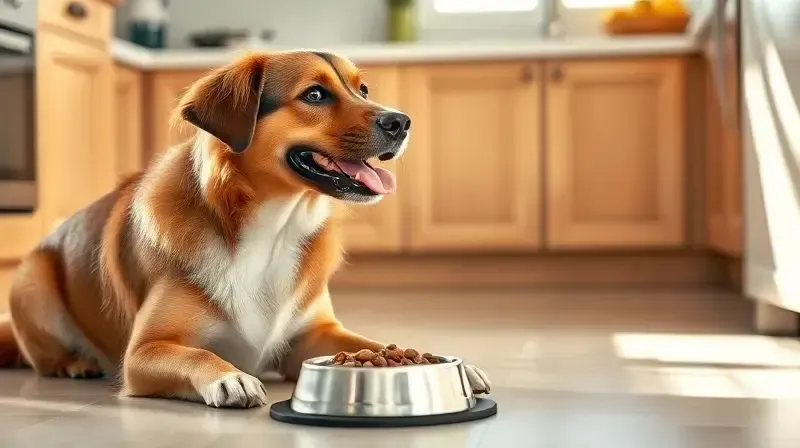 Cachorro saudável e feliz ao lado de sua tigela de ração, ilustrando as vantagens e os benefícios de uma boa alimentação para cães.