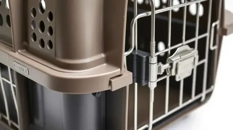 Destaque para as aberturas de ventilação e a trava de segurança de uma caixa de transporte para gatos, garantindo o bem-estar do pet.