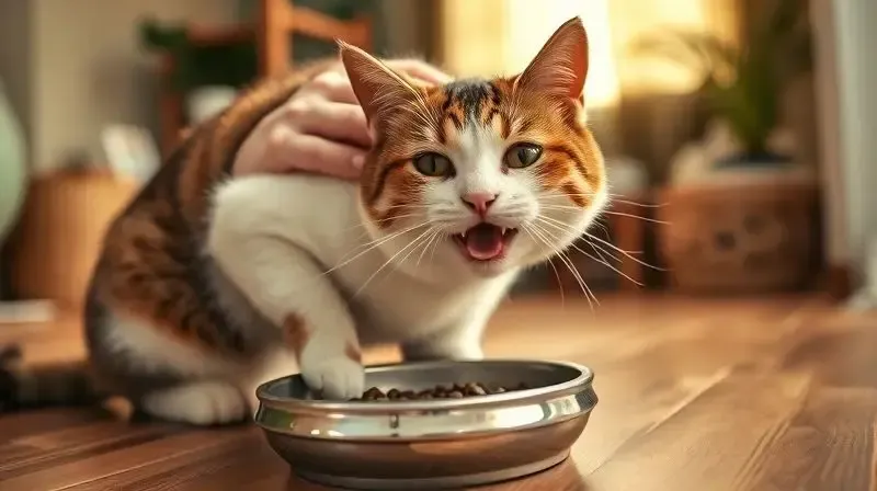 Dono fazendo carinho em seu gato enquanto ele come feliz, simbolizando o veredito final da escolha da ração ideal.