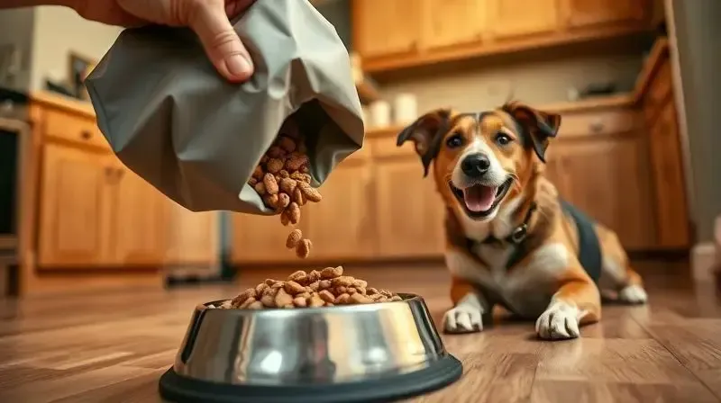 Veredito final sobre a ração Naturalis, com uma mão enchendo o pote de um cachorro feliz, indicando que vale a pena a compra.
