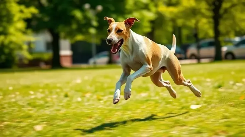 Whippet em alta velocidade correndo em um parque gramado e ensolarado, demonstrando a agilidade e a natureza ativa e energética desta raça de cão.